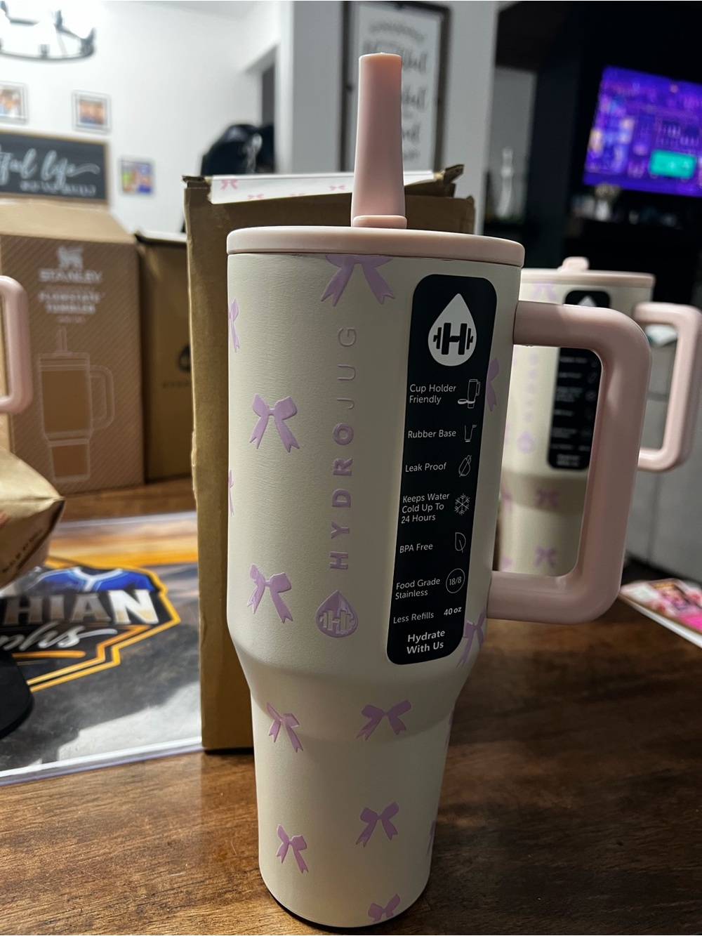 HydroJug 40oz Tumbler-Pink Bow Stainless Steel Travel Mug with Straw